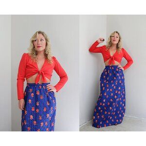 1970's Vintage Quilted Cobalt Maxi Long Skirt // Women's XXS to Extra Small